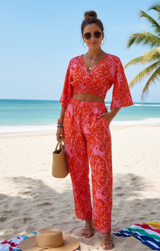 Ensemble estival bohème : Crop-top manches évasées et pantalon large