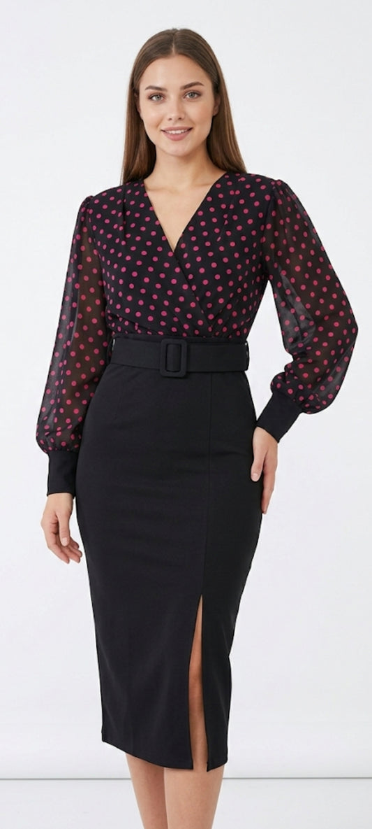 Robe Midi 2-en-1 : Élégance Polka Dot & Coupe Crayon