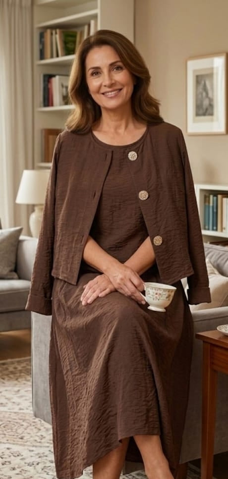 Ensemble Élégant 2 Pièces : Robe Longue Sans Manches et Veste Boutonnée