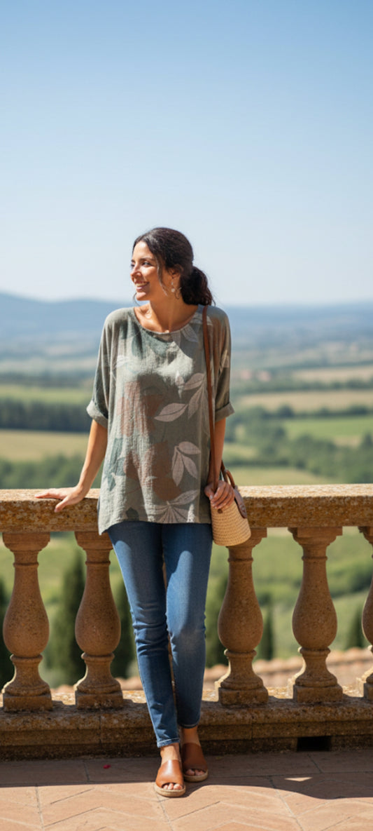Blouse / Haut estival en 100% Coton – Vert motif floral – Made in Italy – Taille Unique