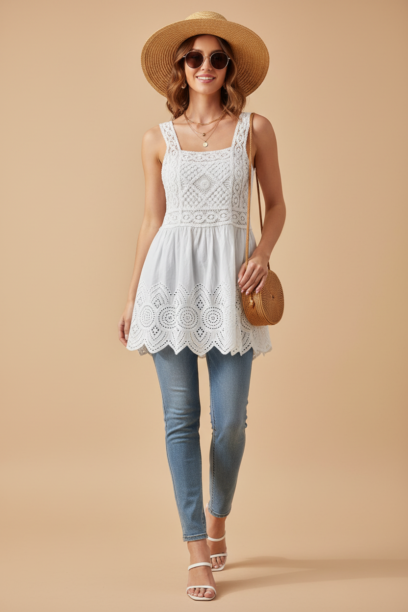 Ange - Beyaz Dantel Elbise + Dar Jeans Look