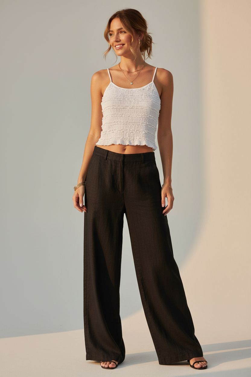 Ange - Beyaz Top & Siyah Keten Pantolon