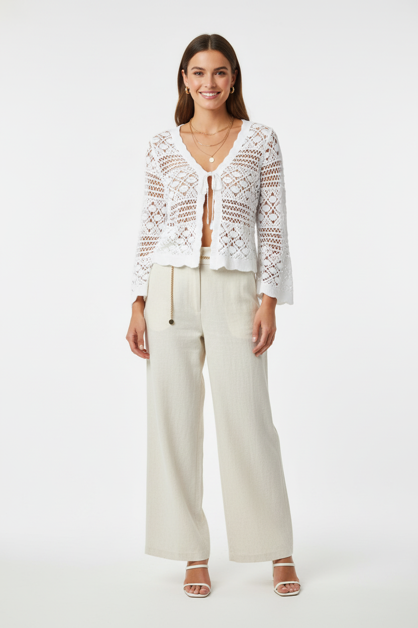 Ange - White Crochet Cardigan Studio Look