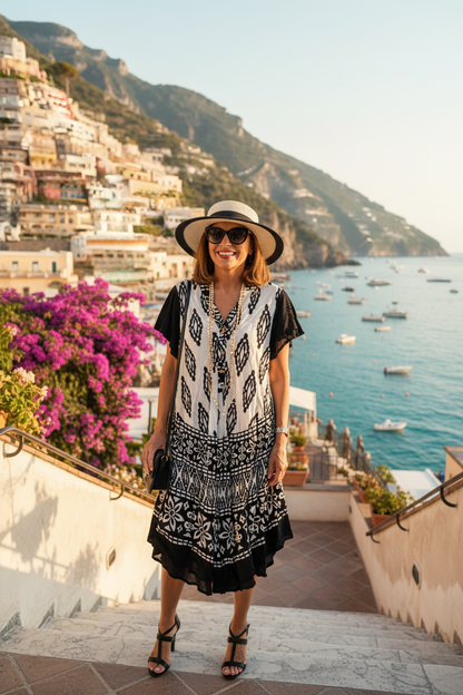 Positano - Siyah Beyaz Boho Elbise