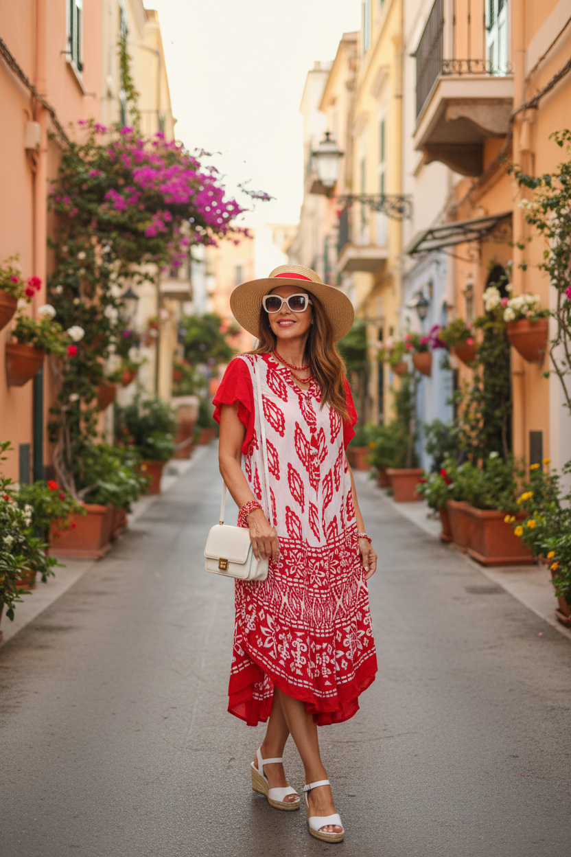 Positano Sokakları - Kırmızı Beyaz Boho Elbise
