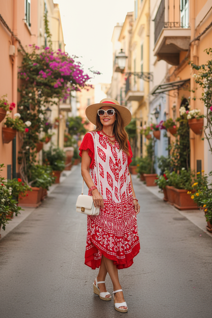 Positano Sokakları - Kırmızı Beyaz Boho Elbise