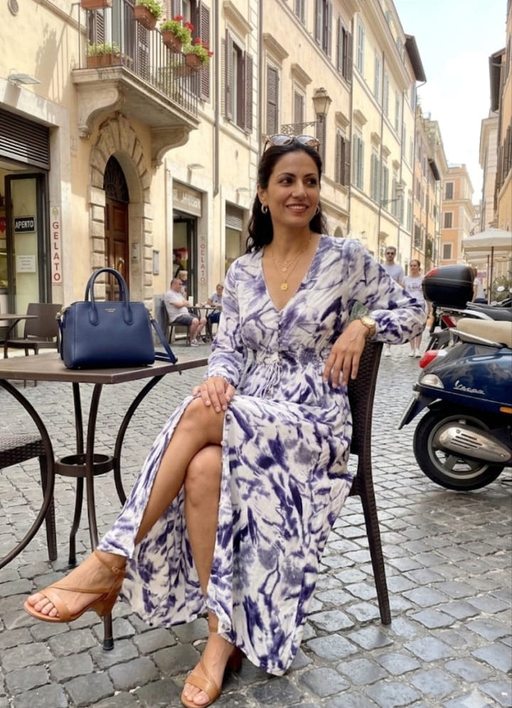 🌸 Robe Maxi Bohème - Imprimé Abstrait Indigo