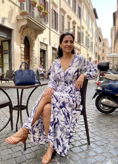 🌸 Robe Maxi Bohème - Imprimé Abstrait Indigo