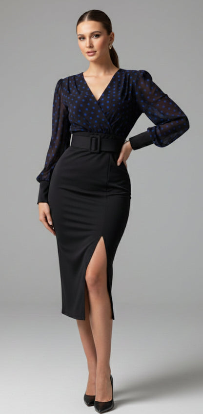 Robe Midi 2-en-1 : Élégance Polka Dot & Coupe Crayon
