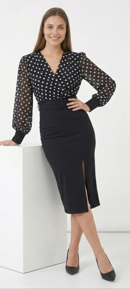 Robe Midi 2-en-1 : Élégance Polka Dot & Coupe Crayon