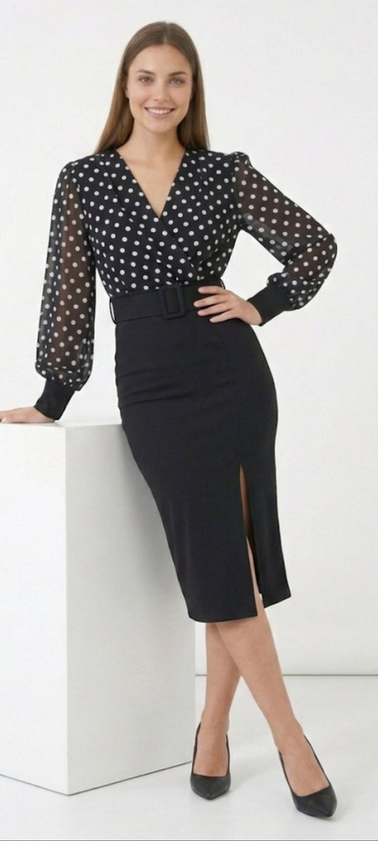 Robe Midi 2-en-1 : Élégance Polka Dot & Coupe Crayon