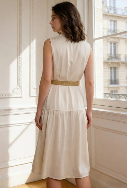 Robe Midi Sans Manches avec Ceinture – Élégance Naturelle & Confort