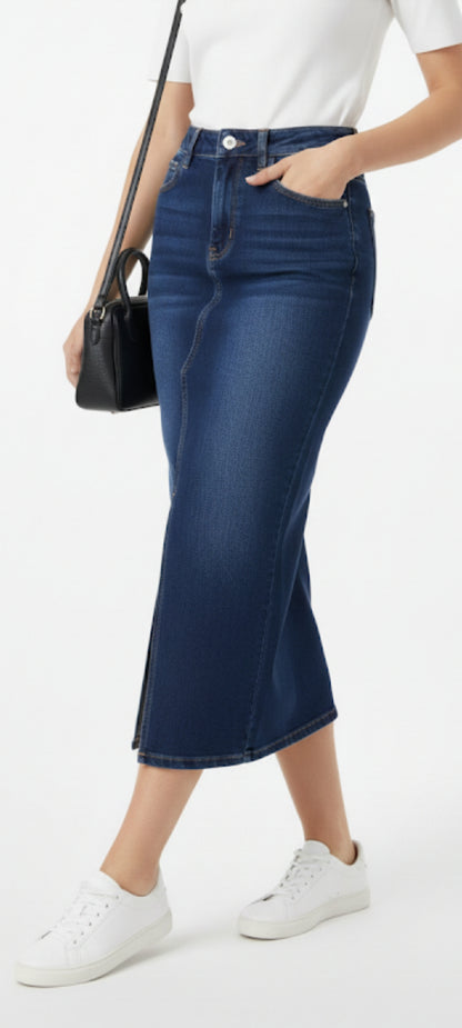 Jupe Longue en Jean Denim Brut - Coupe Droite avec Fente