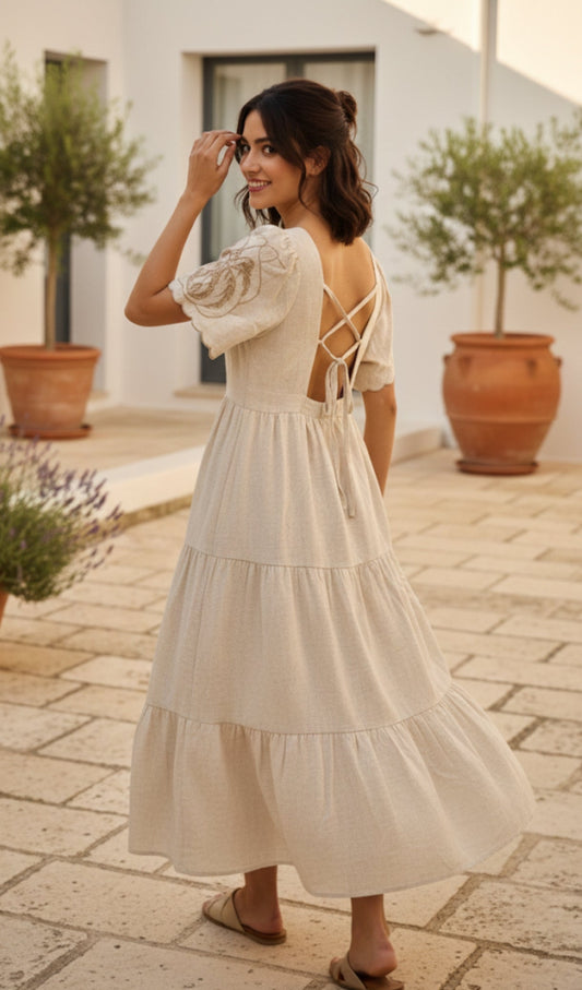 🌿 Robe Longue Bohème en Lin & Broderie Anglaise