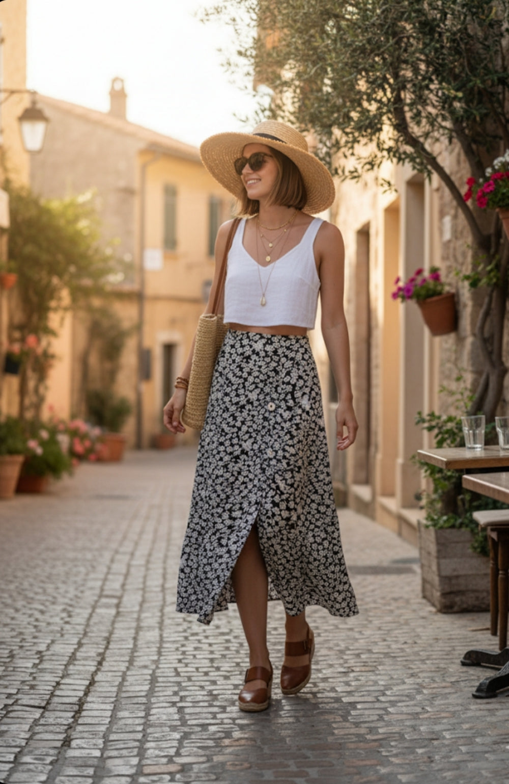 Jupe mi-longue fleurie esprit bohème chic