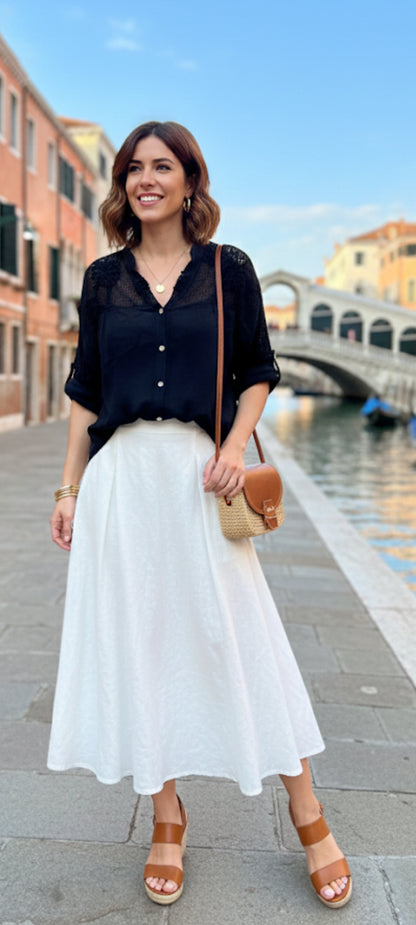Blouse élégant en pur coton italien - Détails en dentelle