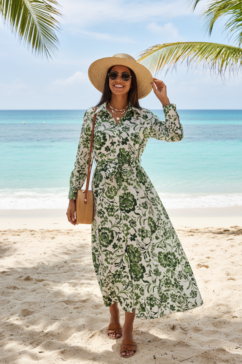 Robe Longue Fleurie en Viscose – Imprimé Floral Vert & Blanc(yL-A636-1)