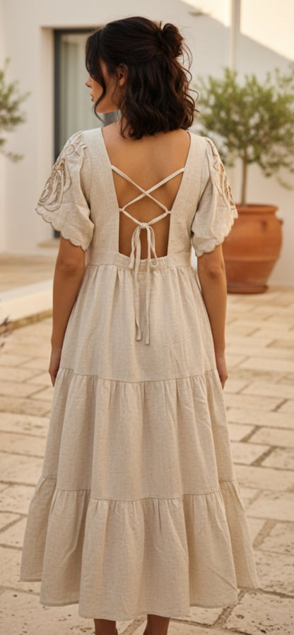 🌿 Robe Longue Bohème en Lin & Broderie Anglaise