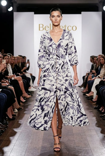 🌸 Robe Maxi Bohème - Imprimé Abstrait Indigo