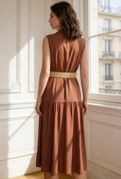 Robe Midi Sans Manches avec Ceinture – Élégance Naturelle & Confort