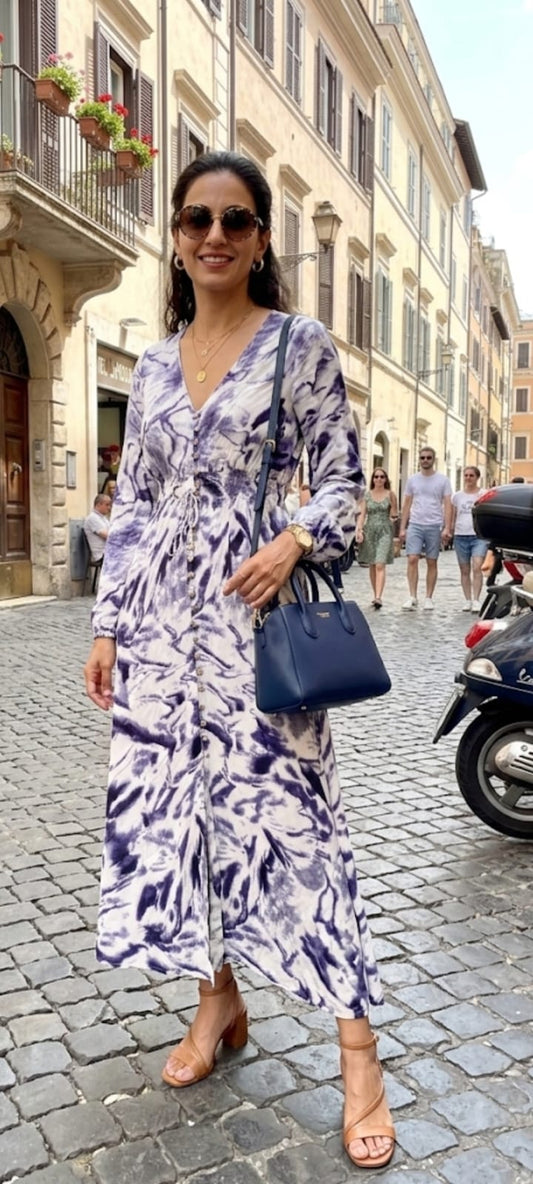 🌸 Robe Maxi Bohème - Imprimé Abstrait Indigo