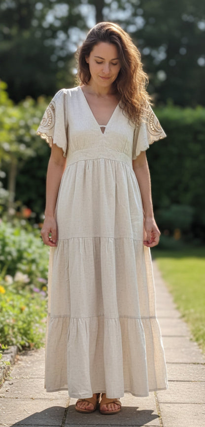 🌿 Robe Longue Bohème en Lin & Broderie Anglaise