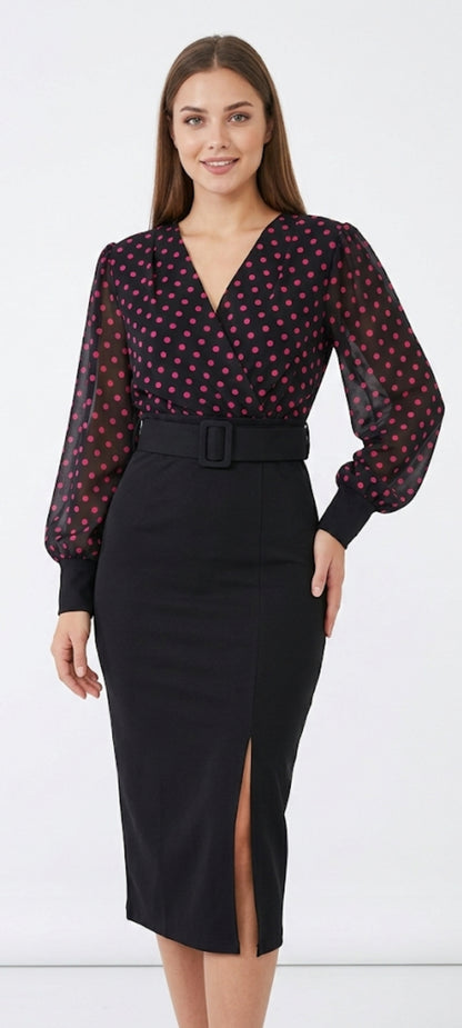 Robe Midi 2-en-1 : Élégance Polka Dot & Coupe Crayon