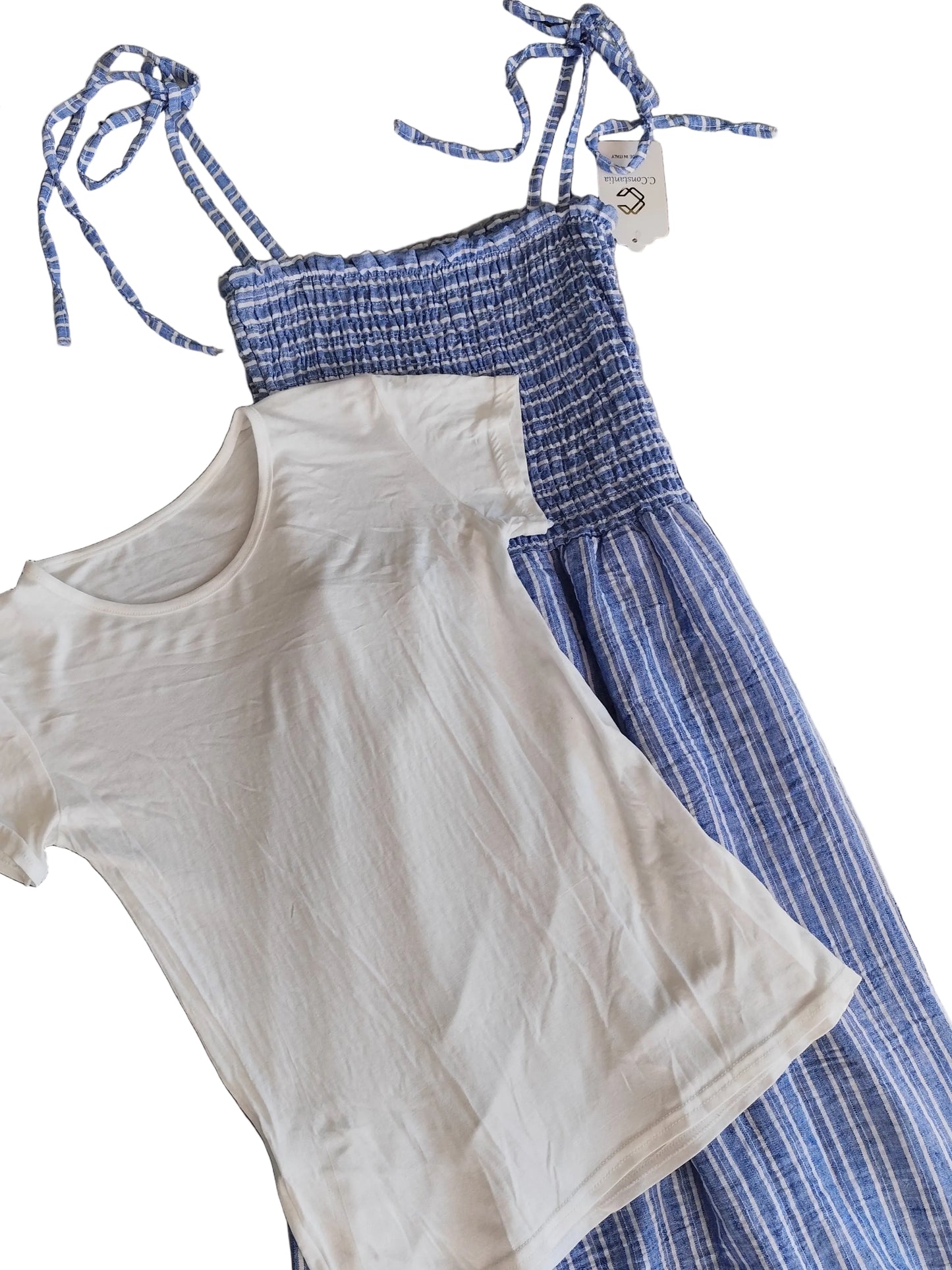 Ensemble 2-en-1 : Robe Longue à Rayures & T-shirt Blanc/noir