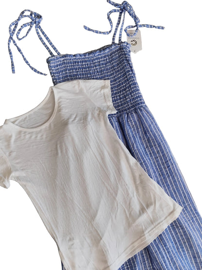 Ensemble 2-en-1 : Robe Longue à Rayures & T-shirt Blanc/noir