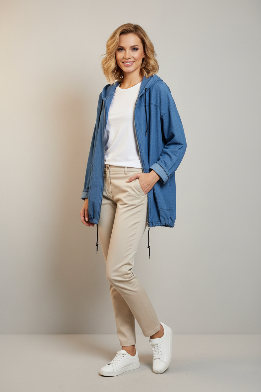 Veste Capuche en Denim Léger – Coupe Relax & Style Italien- Coupe Oversize Décontractée
