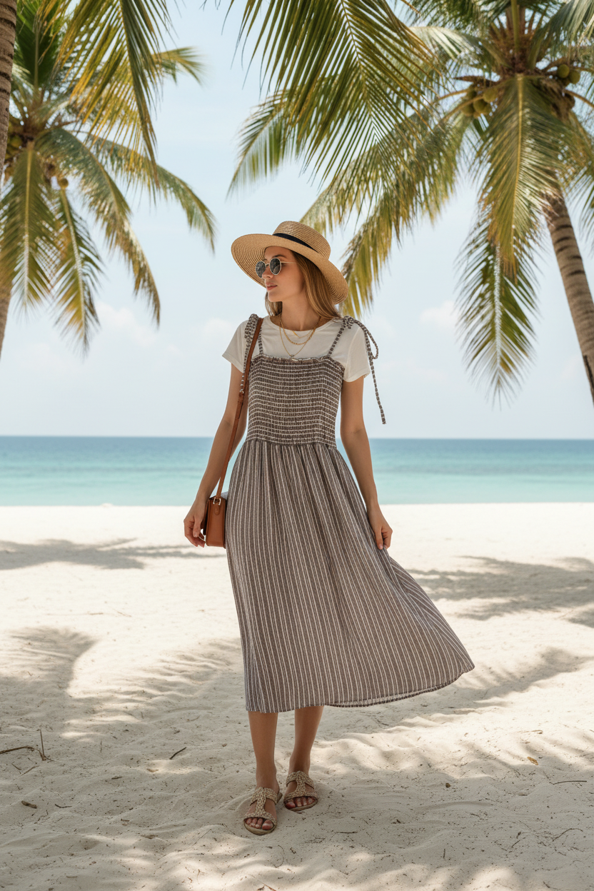 Ensemble 2-en-1 : Robe Longue à Rayures & T-shirt Blanc/noir