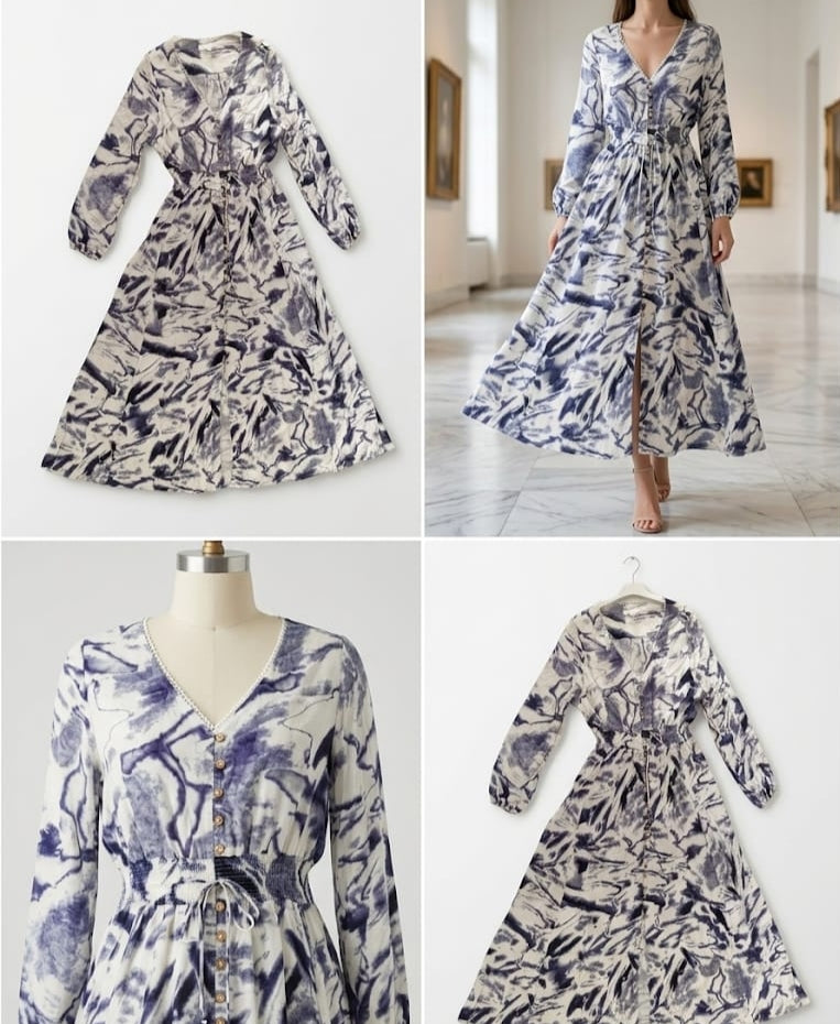 🌸 Robe Maxi Bohème - Imprimé Abstrait Indigo