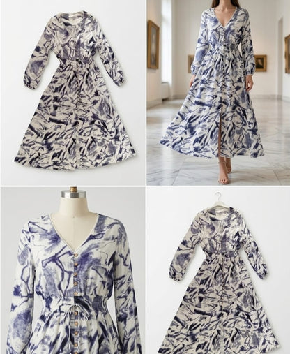 🌸 Robe Maxi Bohème - Imprimé Abstrait Indigo
