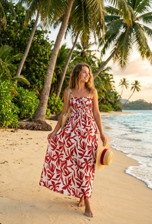 Robe Longue Estivale à Motif Feuillage – Élégance et Confort