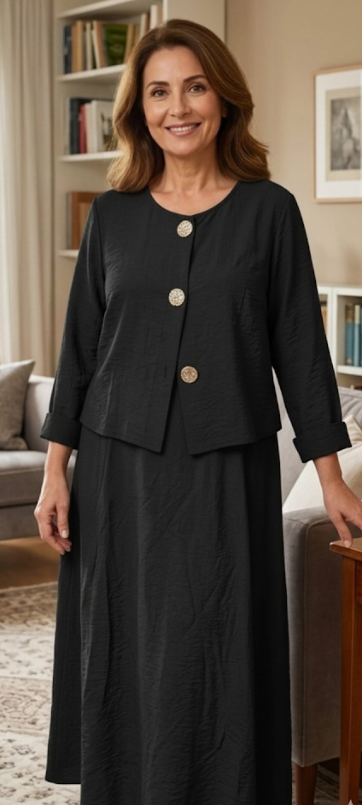 Ensemble Élégant 2 Pièces : Robe Longue Sans Manches et Veste Boutonnée