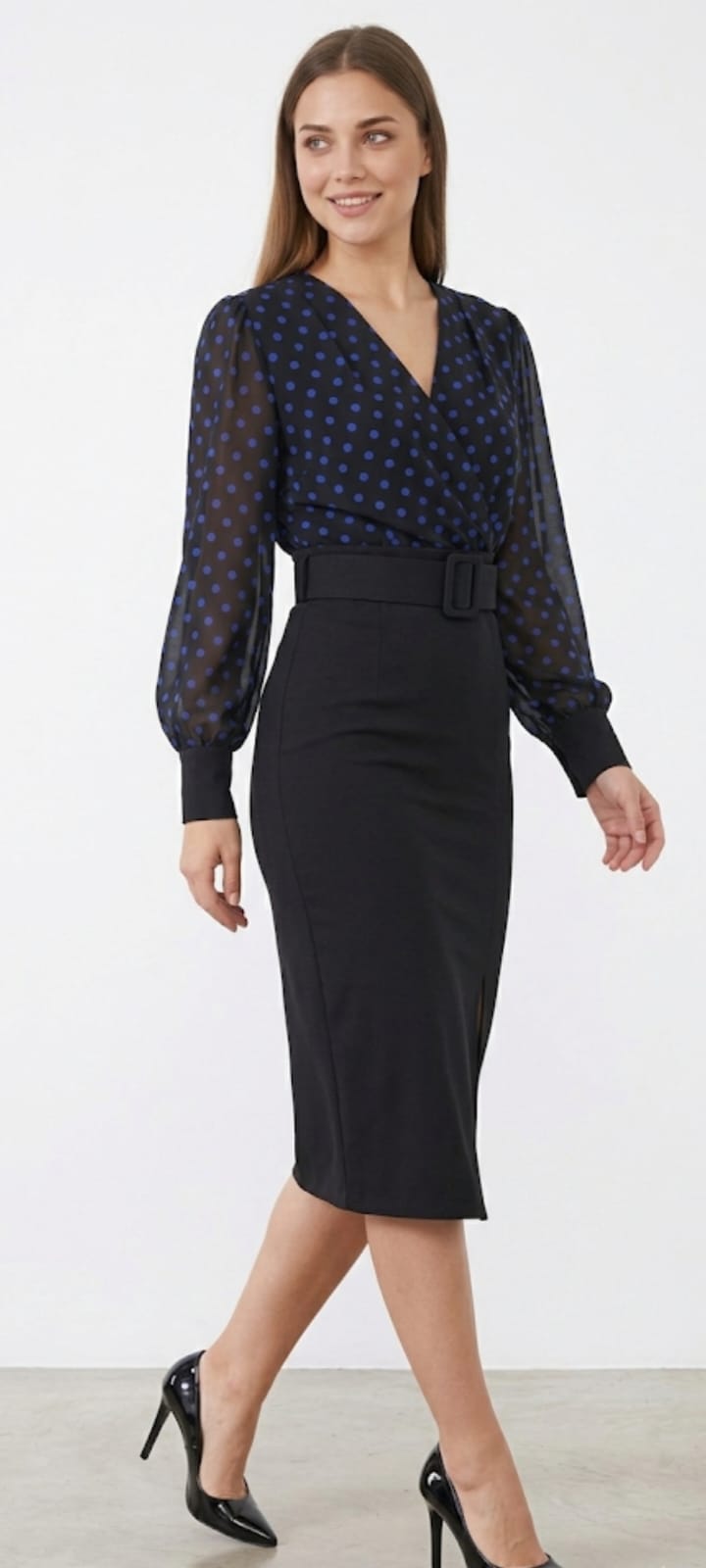 Robe Midi 2-en-1 : Élégance Polka Dot & Coupe Crayon