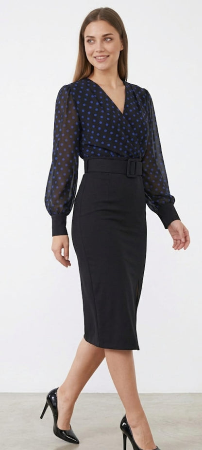 Robe Midi 2-en-1 : Élégance Polka Dot & Coupe Crayon
