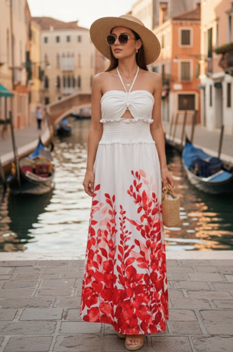 Robe longue estivale à motifs feuillages – Élégante et légère