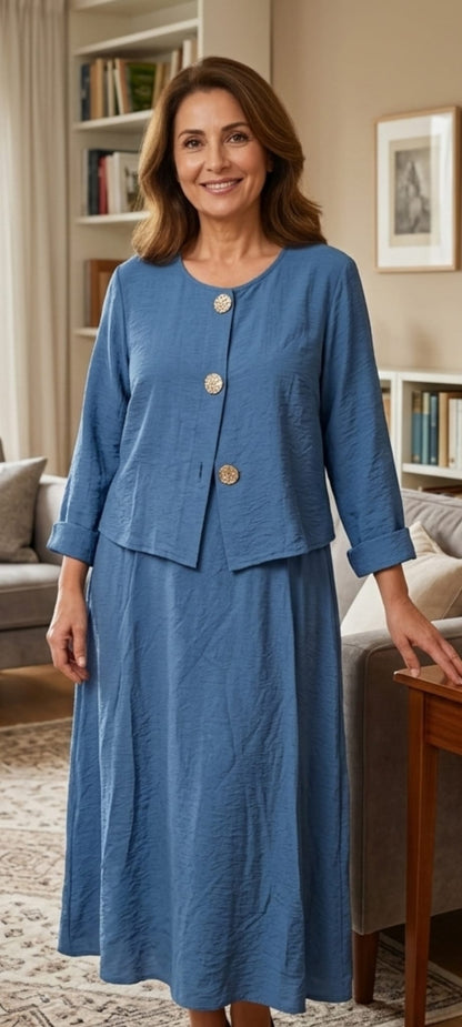 Ensemble Élégant 2 Pièces : Robe Longue Sans Manches et Veste Boutonnée