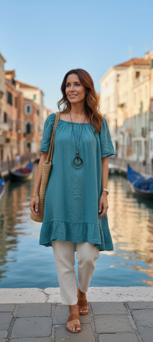 Robe tunique bohème chic en coton italien – Taille Unique