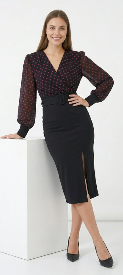 Robe Midi 2-en-1 : Élégance Polka Dot & Coupe Crayon