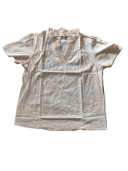 Blouse Bohème Chic en Coton & Lin – Écru"(H9955)