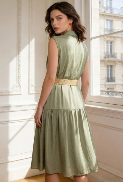 Robe Midi Sans Manches avec Ceinture – Élégance Naturelle & Confort
