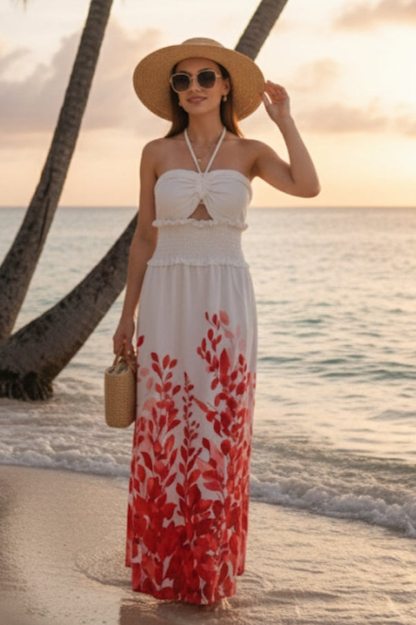 Robe longue estivale à motifs feuillages – Élégante et légère