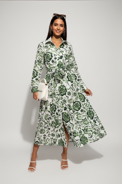Robe Longue Fleurie en Viscose – Imprimé Floral Vert & Blanc(yL-A636-1)