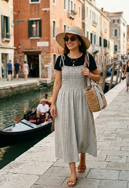 Ensemble 2-en-1 : Robe Longue à Rayures & T-shirt Blanc/noir
