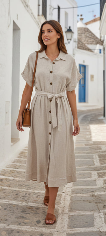 🌿 Robe Longue Chemise en Lin & Viscose – Look Bohème Chic