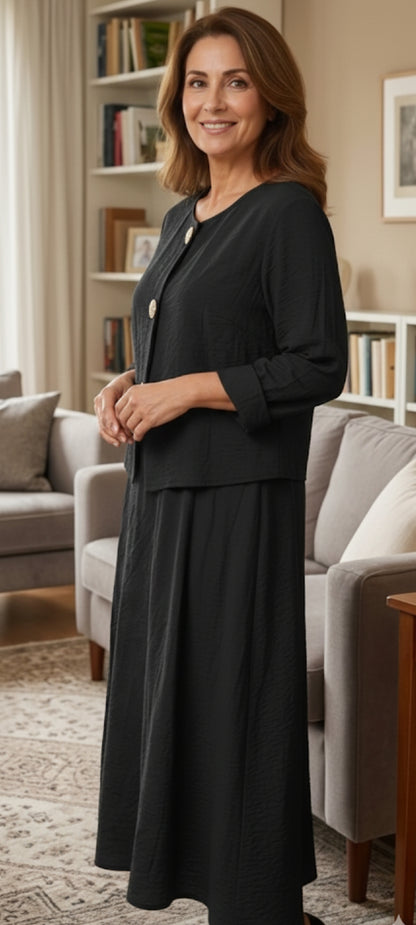Ensemble Élégant 2 Pièces : Robe Longue Sans Manches et Veste Boutonnée