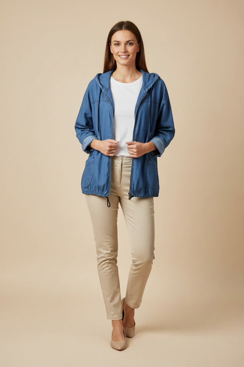 Veste Capuche en Denim Léger – Coupe Relax & Style Italien- Coupe Oversize Décontractée