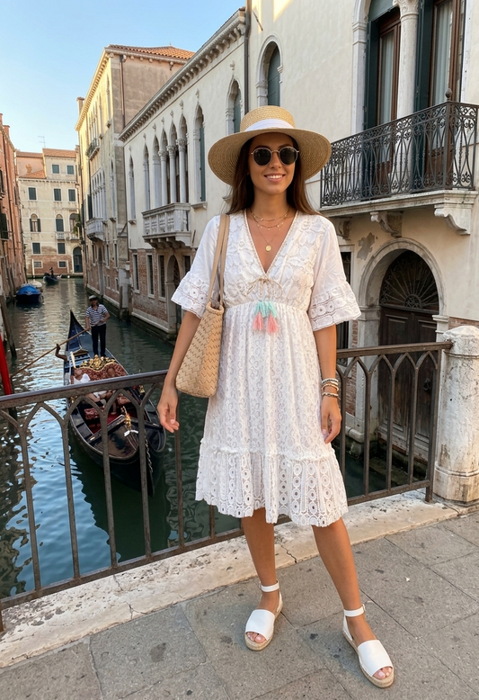 👗 Robe de Plage Bohème en Dentelle Blanche - Style Italien